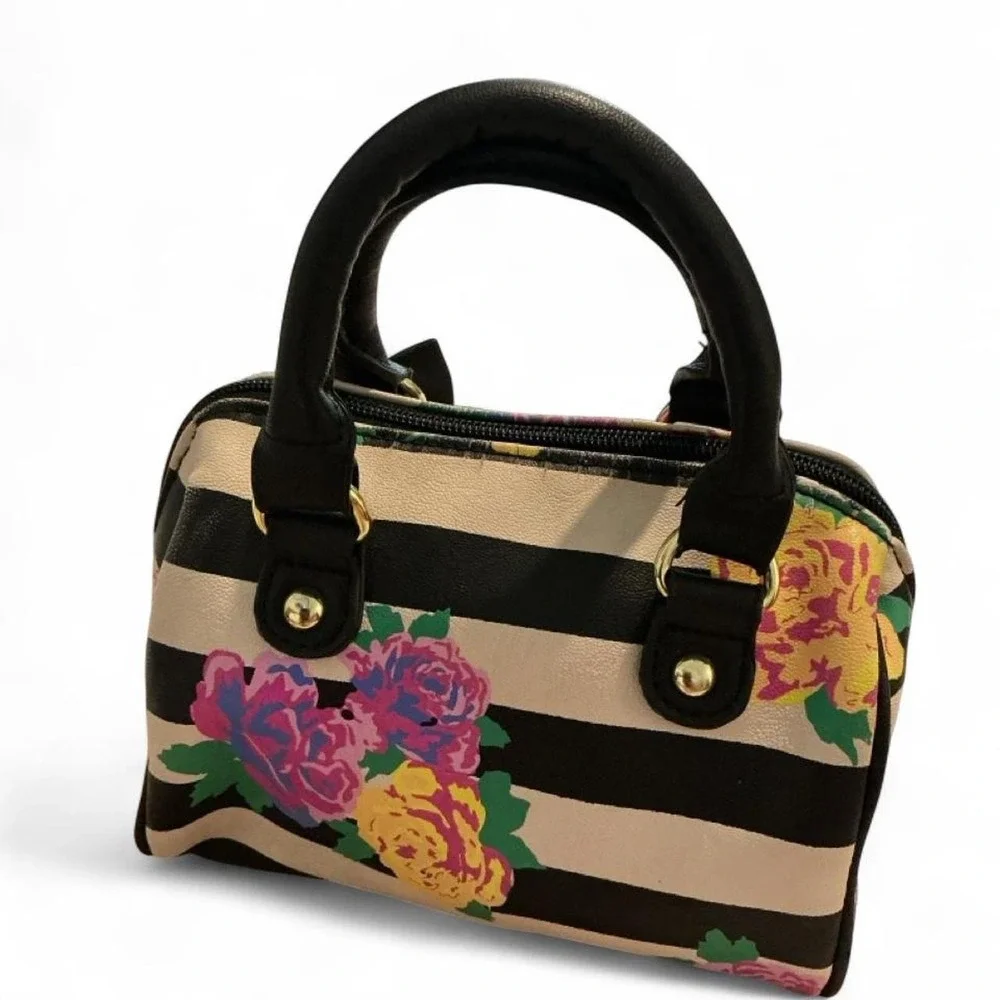 Luv Betsey Mini Satchel Women Small Black Floral Striped Tassel Bow